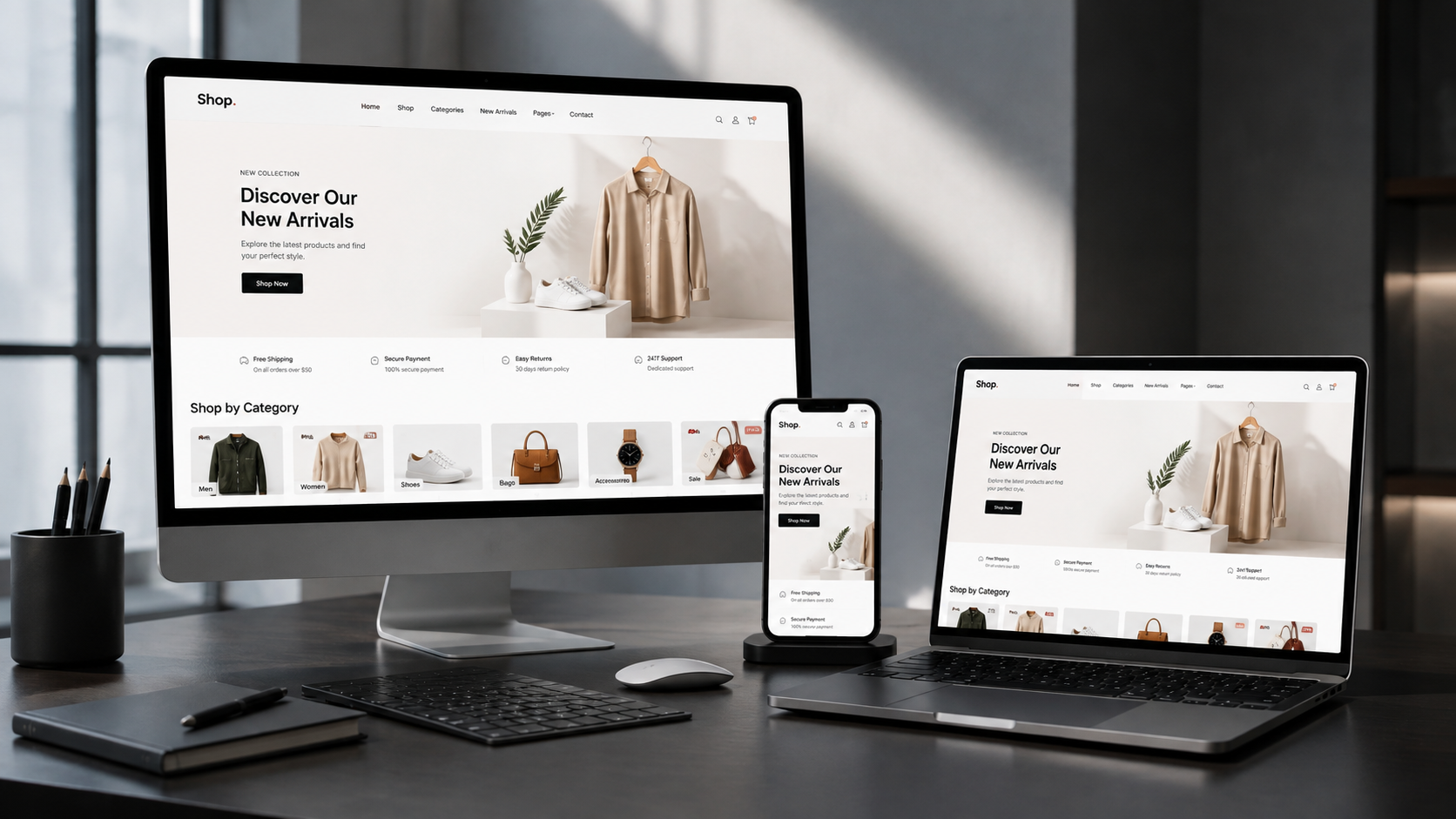 Online store development mockup showing an ecommerce website with Mpesa checkout for a Nairobi business